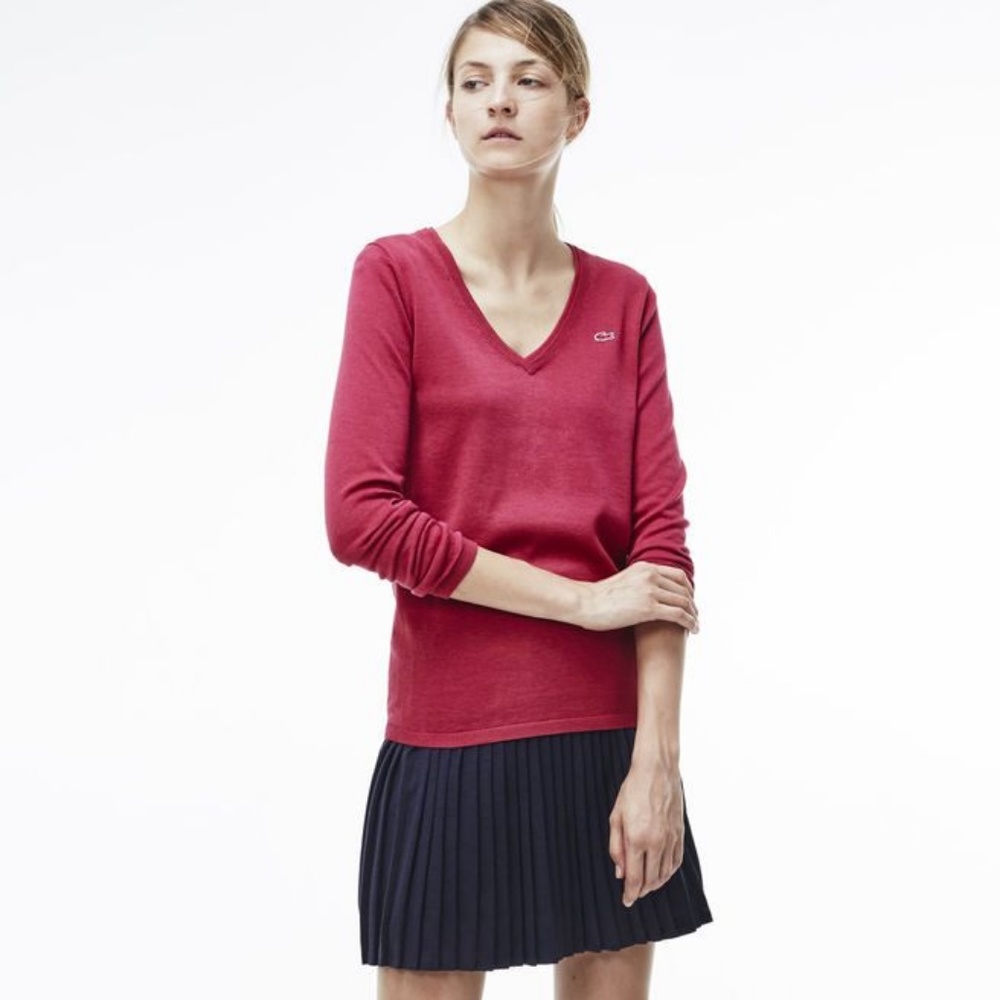 Lacoste Raspberry Pink V-Neck Pullover Sweater - Picture 2 of 7
